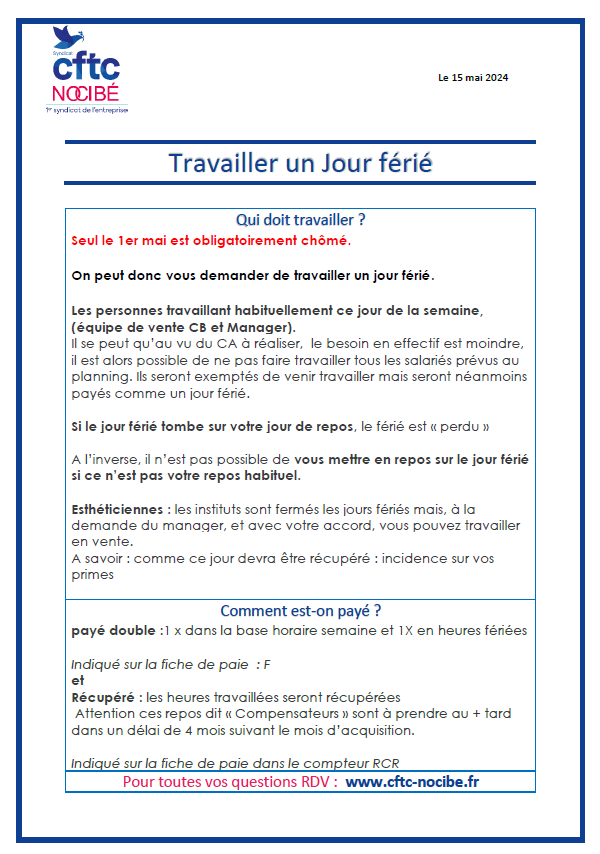 Travailler un jour férié... CFTCNOCIBE